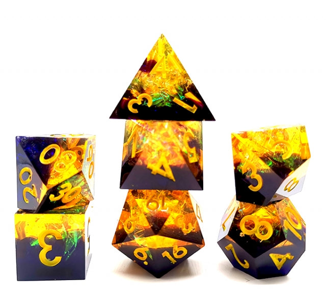 Starry Sky Yellow w/ Purple Shimmer 7-Dice Set Resin Sharp Edge RPG DND