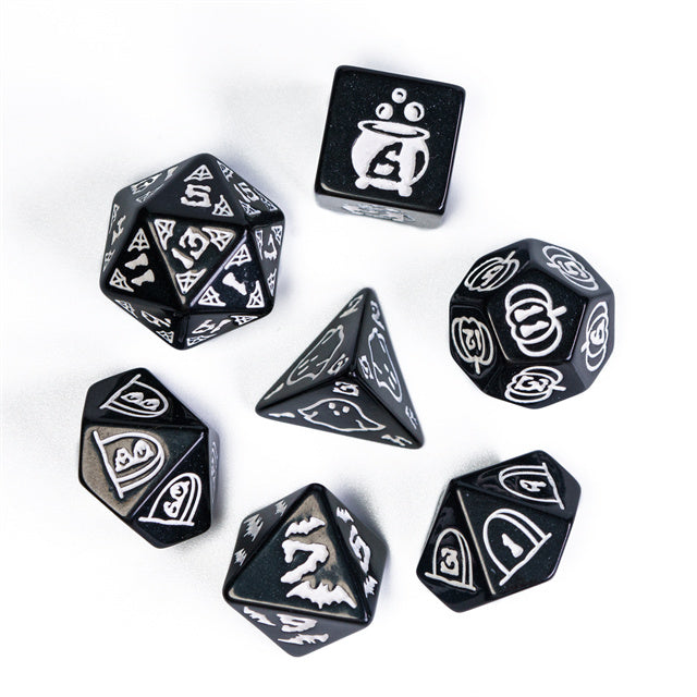 Halloween Black w/White | Pumpkin/Ghost/Bat/Cauldron 7-Dice Set DND