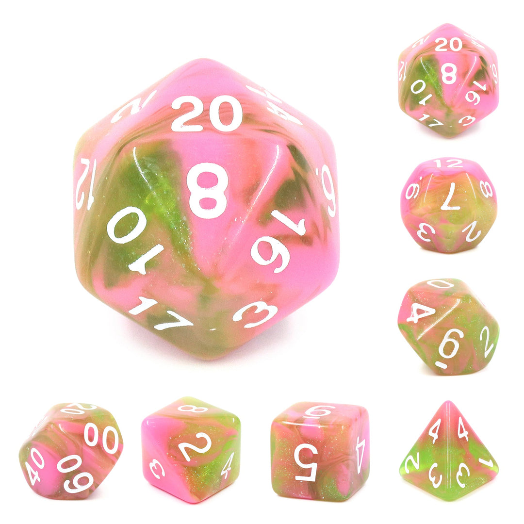 Apple Taffy Lime Green/Pink Glitter/Swirl  7-Dice Set by HendgaDice