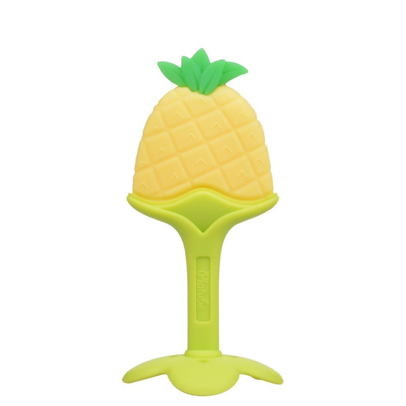 Pineapple-shaped green and yellow teething toy on a white background.
