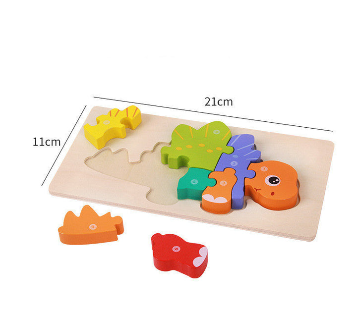 Wooden puzzle with colorful dinosaur shapes on a white background.