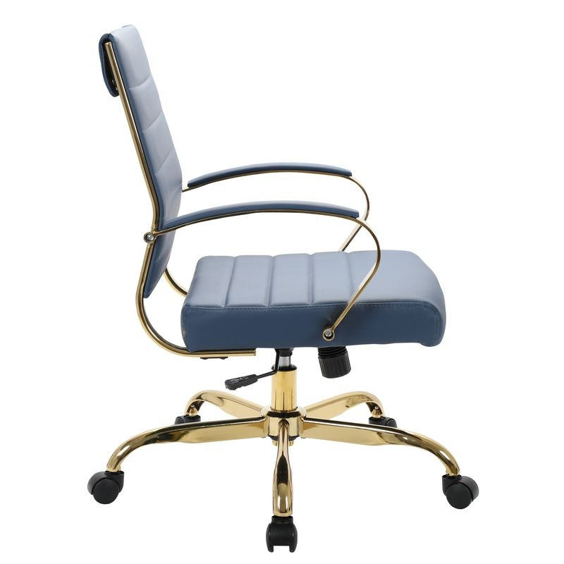 LeisureMod Benmar Home Leather Office Chair with Gold Frame Navy Blue Side View.