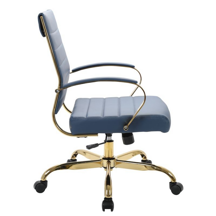 LeisureMod Benmar Home Leather Office Chair with Gold Frame Navy Blue Side View.