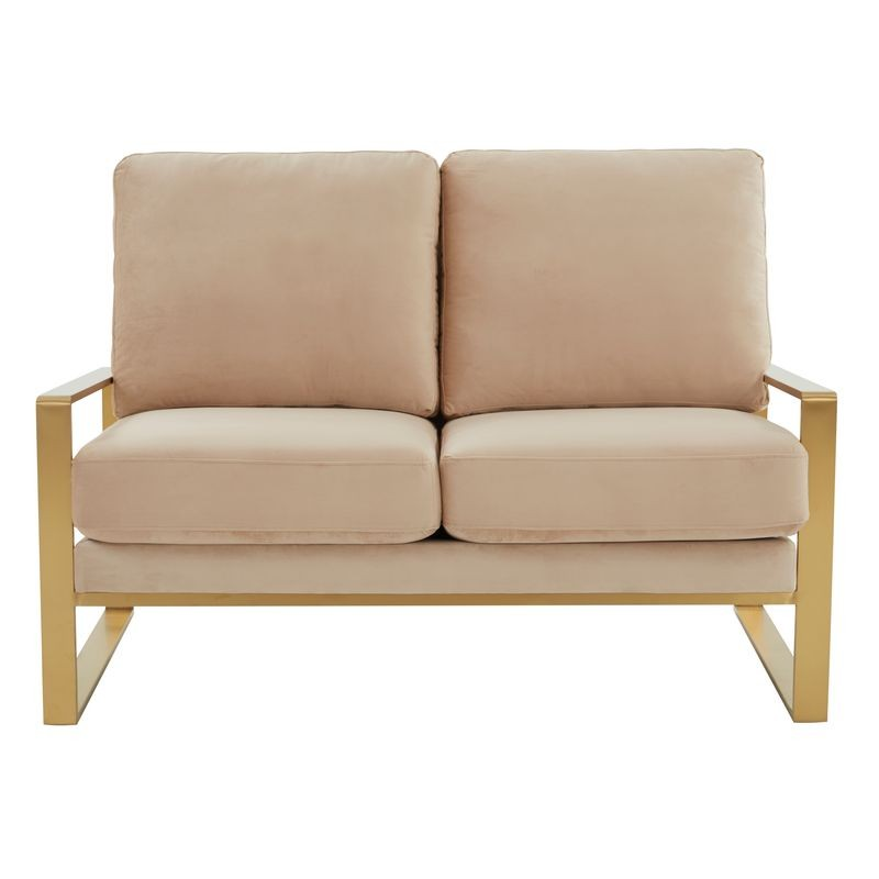 Leisuremod Jefferson Contemporary Modern Velvet Loveseat with Gold Frame Beige Front View.