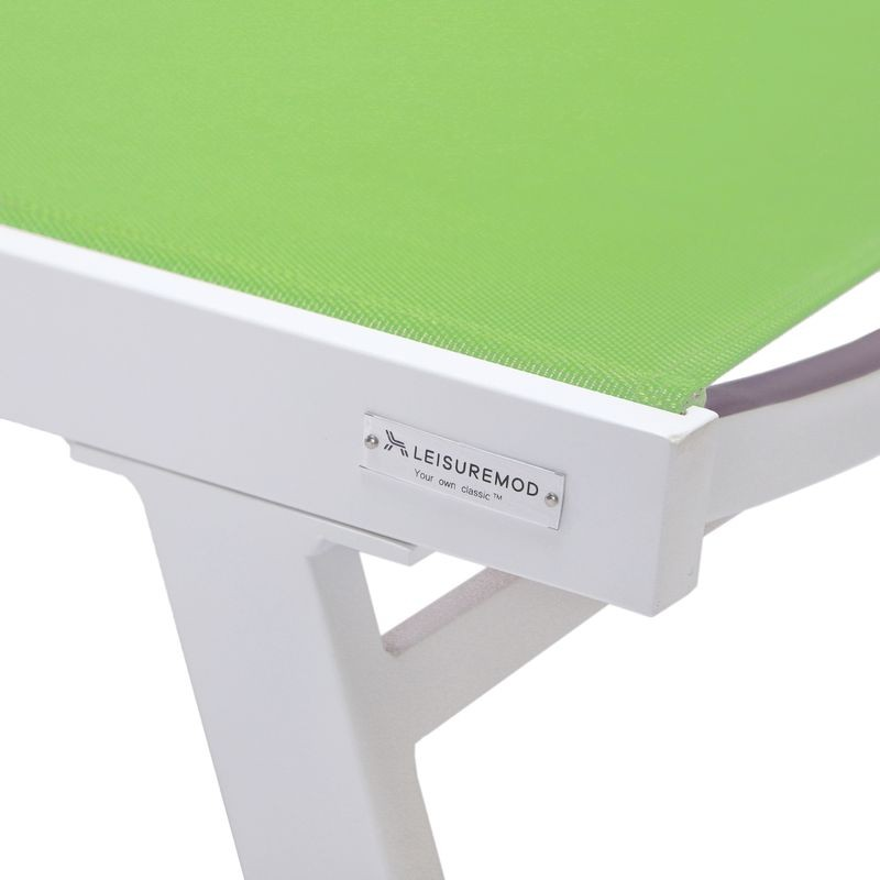 LeisureMod Marlin Patio Chaise Lounge Chair with Armrests in White Aluminum Frame, Set of 2 in Green Closeup.