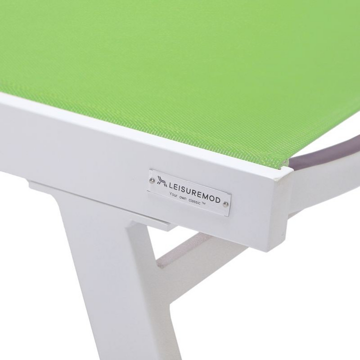 LeisureMod Marlin Patio Chaise Lounge Chair with Armrests in White Aluminum Frame, Set of 2 in Green Closeup.