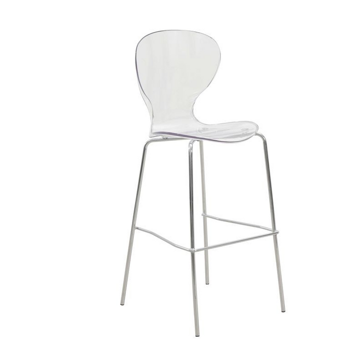 LeisureMod Oyster Acrylic Barstool with Steel Frame in Chrome Finish in Clear