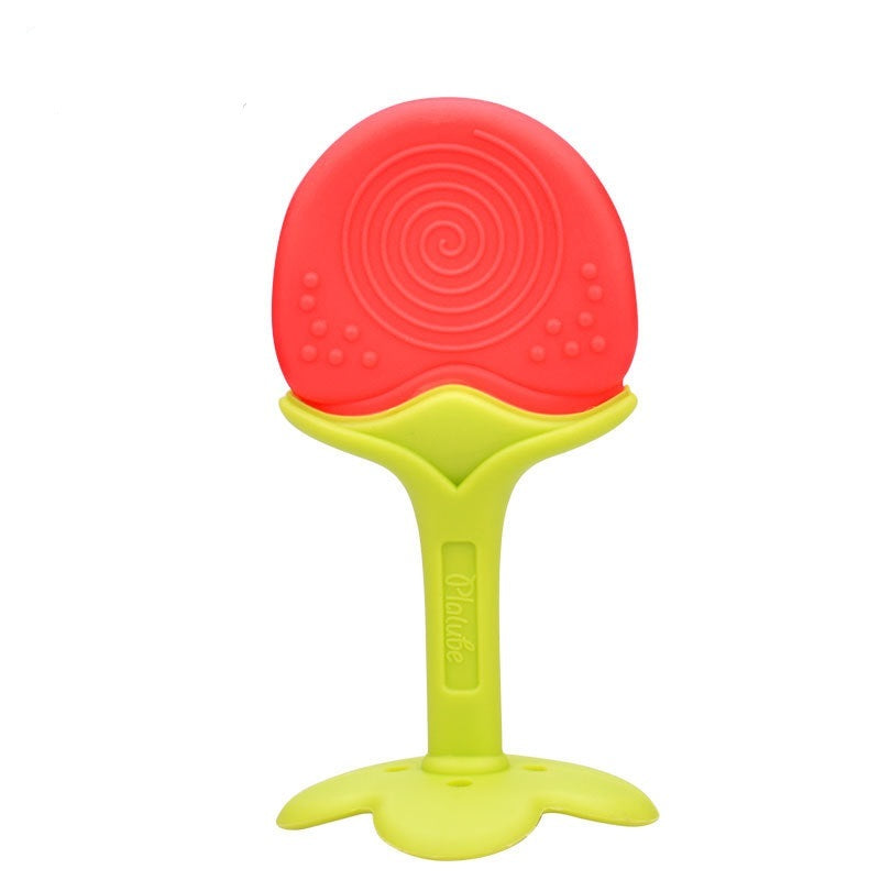 Red and green baby teether on a white background.