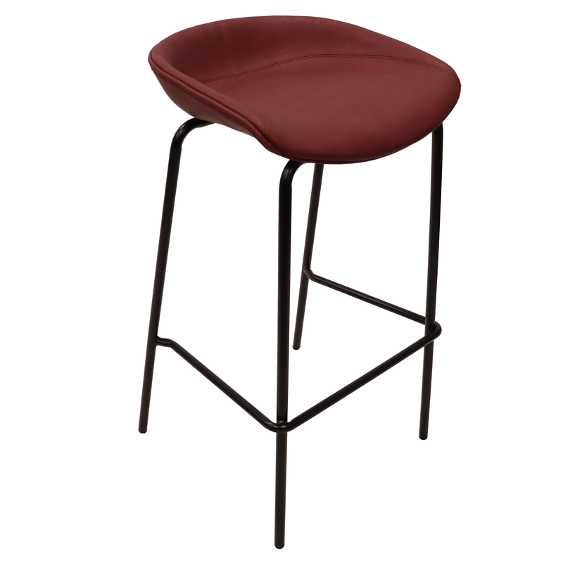 LeisureMod Servos Modern Barstool with Upholstered Faux Leather Seat and Powder Coated Iron Frame in Bordeaux Side View.