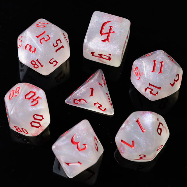 Glitter Party White Glitter Dice (Red font) 7-Dice Set
