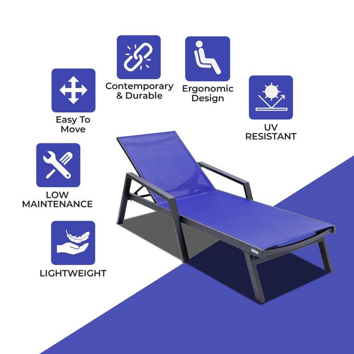 LeisureMod Marlin Patio Chaise Lounge Chair with Armrests in Black Aluminum Frame Navy Blue Description.