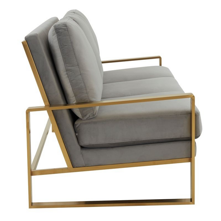 LeisureMod Jefferson Contemporary Modern Design Velvet Sofa with Gold Frame Light Grey Side View.