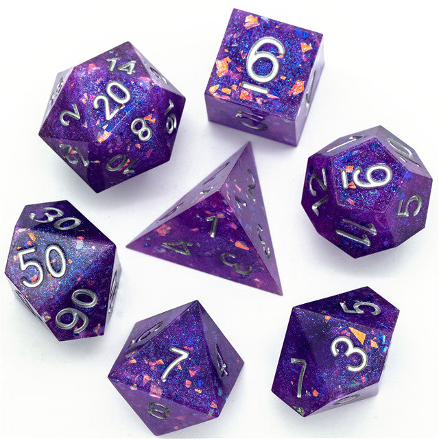 Purple Glitter Sharp Edge DND Dice Set | Gold Flake w/Silver Numbers