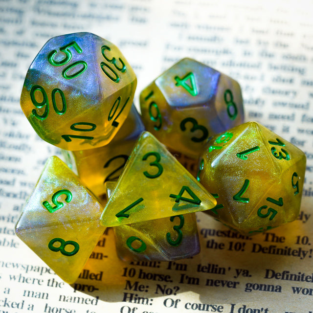 Blue & Yellow w/green Galaxy Glitter 7-Dice Set RPG