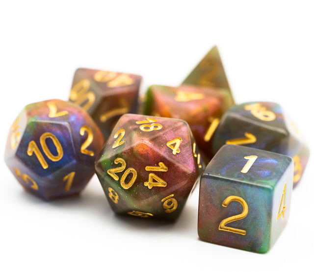 Purple & Green w/gold Galaxy Glitter 7-Dice Set RPG