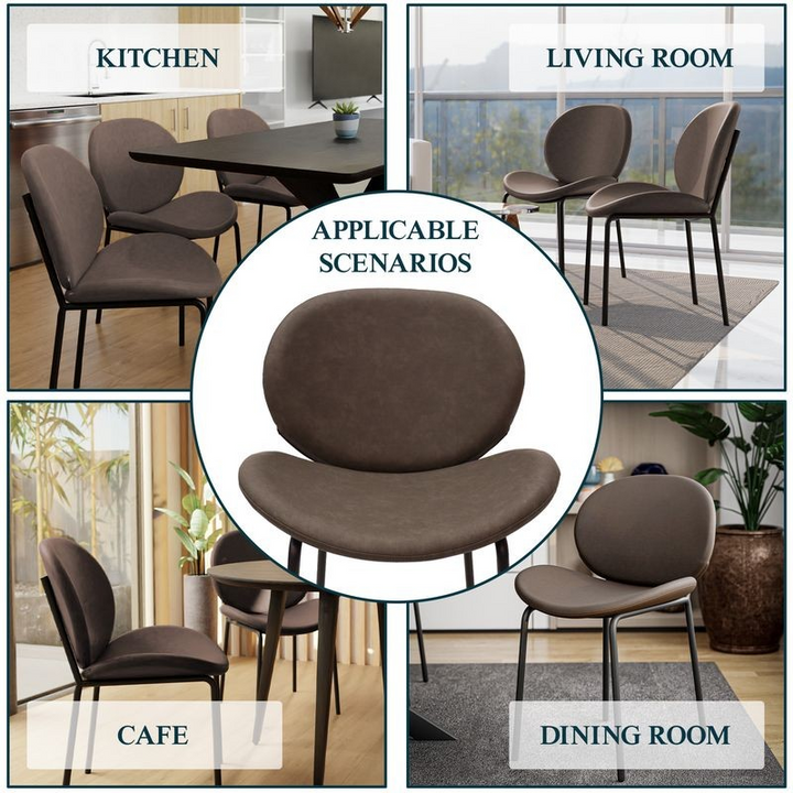 Brown chair shown in various settings including kitchen, living room, cafe, and dining room.
