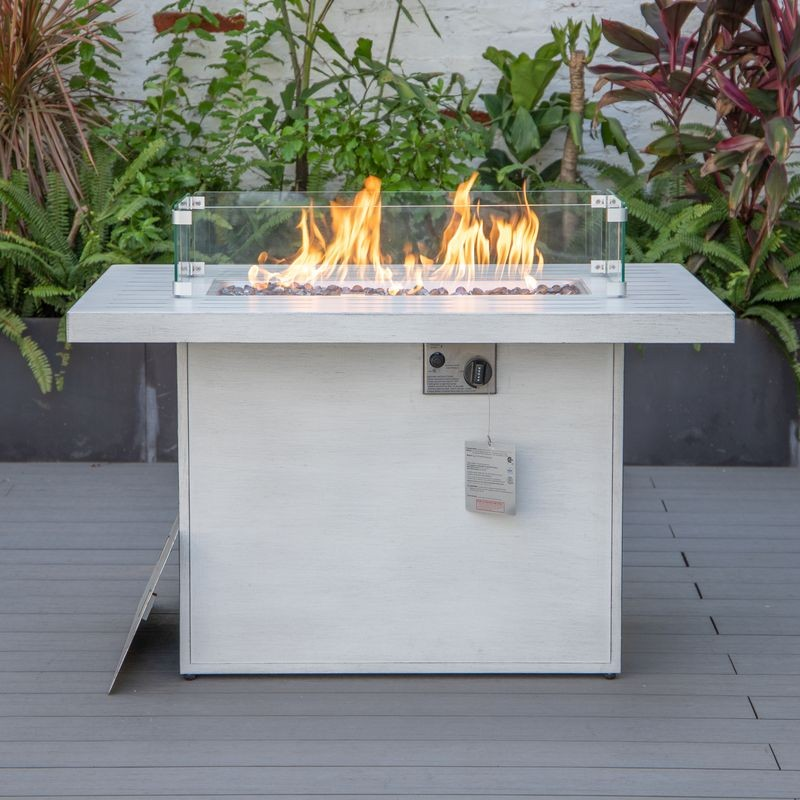 LeisureMod Chelsea Patio Modern Aluminum Propane Fire Pit Table Weathered Grey on Patio.