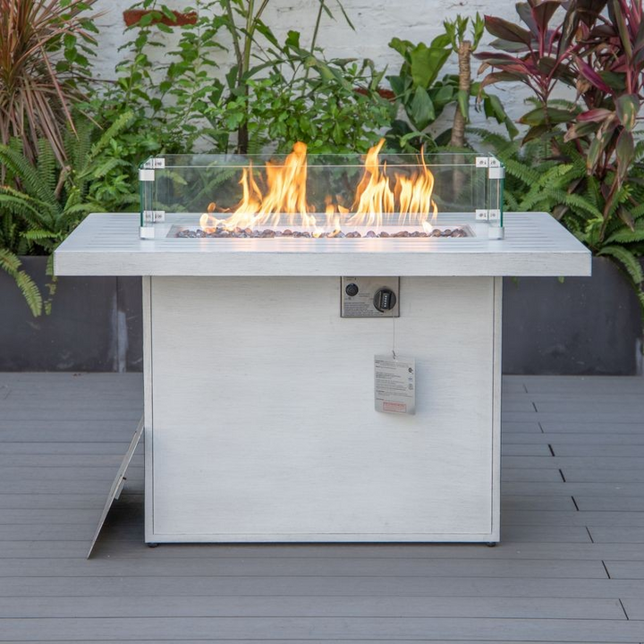LeisureMod Chelsea Patio Modern Aluminum Propane Fire Pit Table Weathered Grey on Patio.