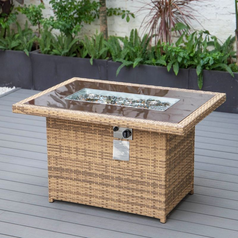 LeisureMod Mace Wicker Patio Modern Propane Fire Pit Table Light Brown on Patio.