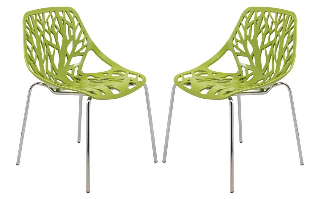 LeisureMod Modern Asbury Dining Chair w/ Chromed Legs, Set of 2 Green