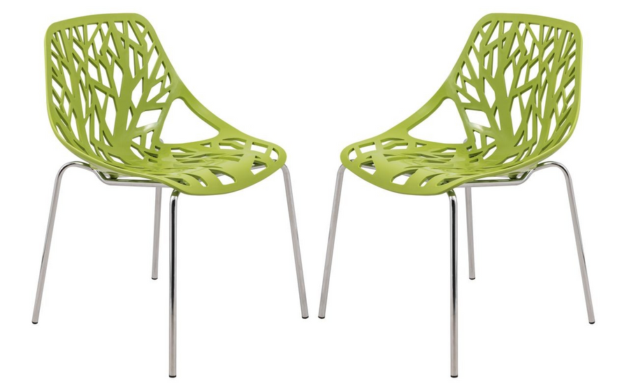 LeisureMod Modern Asbury Dining Chair w/ Chromed Legs, Set of 2 Green