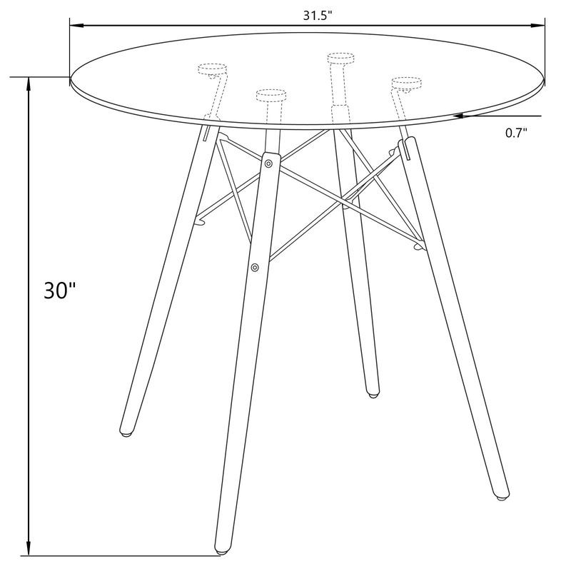 LeisureMod Dover Round Bistro Wood Top Dining Table w/Natural Wood Eiffel Base Dimensions.
