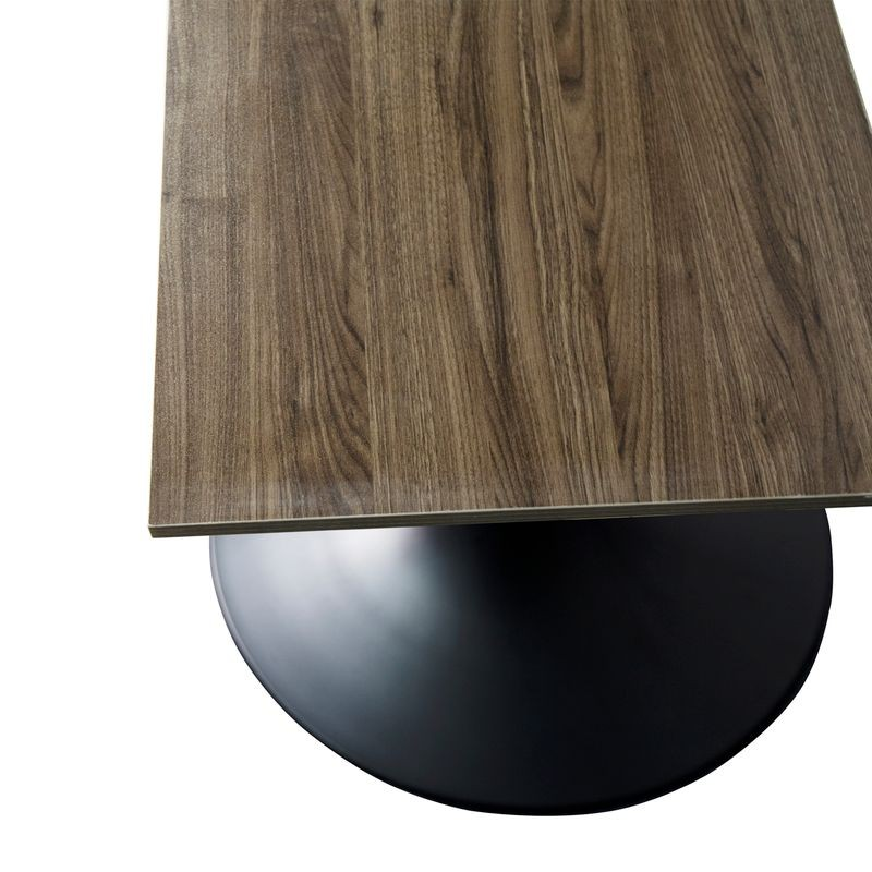 LeisureMod Verve Collection 24 Square Dining Table, Black Base with Dark Maple MDF Top Closeup.