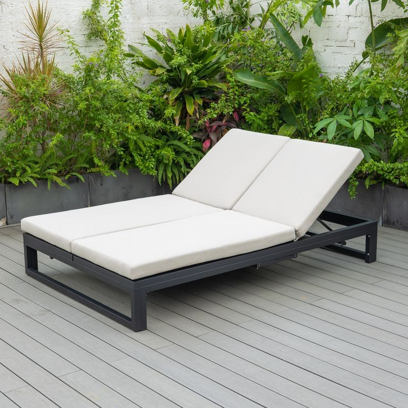 LeisureMod Chelsea Convertible Lounge Reclining Double Chaise with Cushions Beige on Deck.