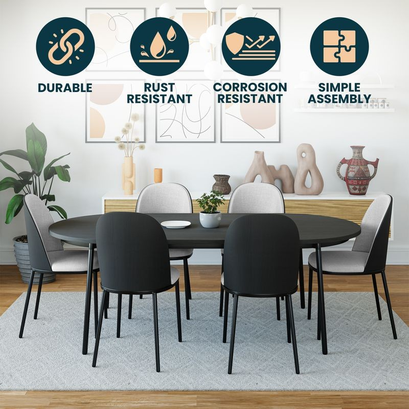Dining table set with chairs in a room, featuring durability, rust resistance, corrosion resistance, and simple assembly icons.
