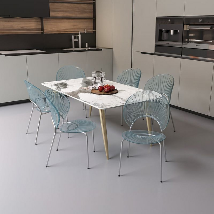 LeisureMod Opulent Series Modern Smoke Dining Chair at Table.