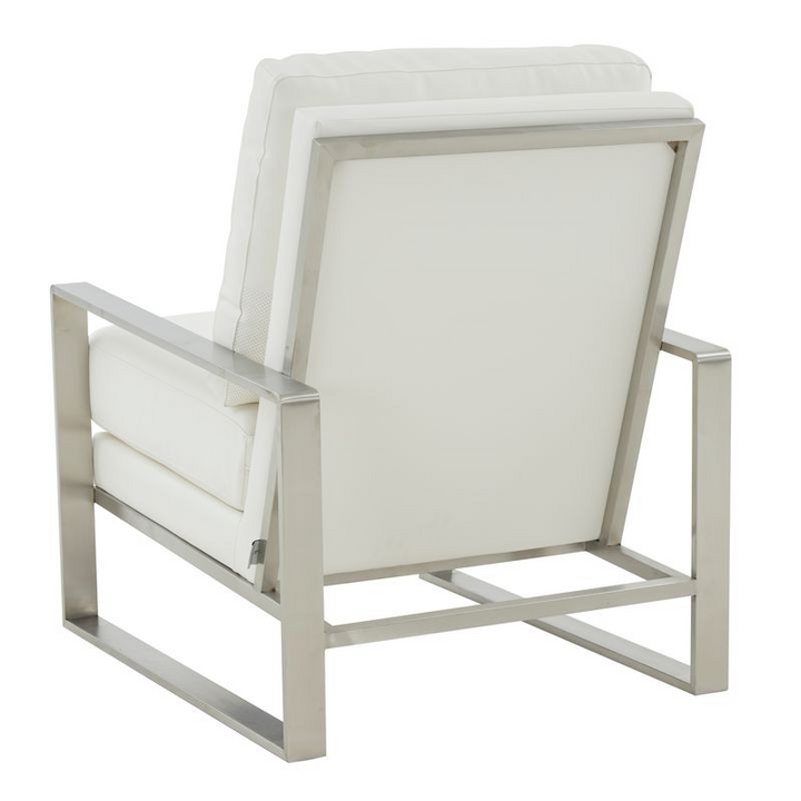 LeisureMod Jefferson Faux Leather Modern Design Accent Armchair with Elegant Silver Frame White Back.