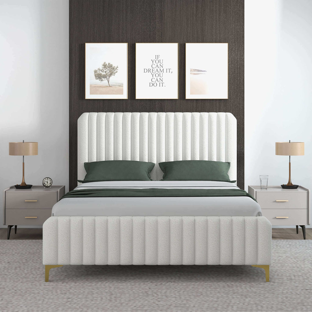 Valery Queen Size Cream Boucle Platform Bed Front with Background