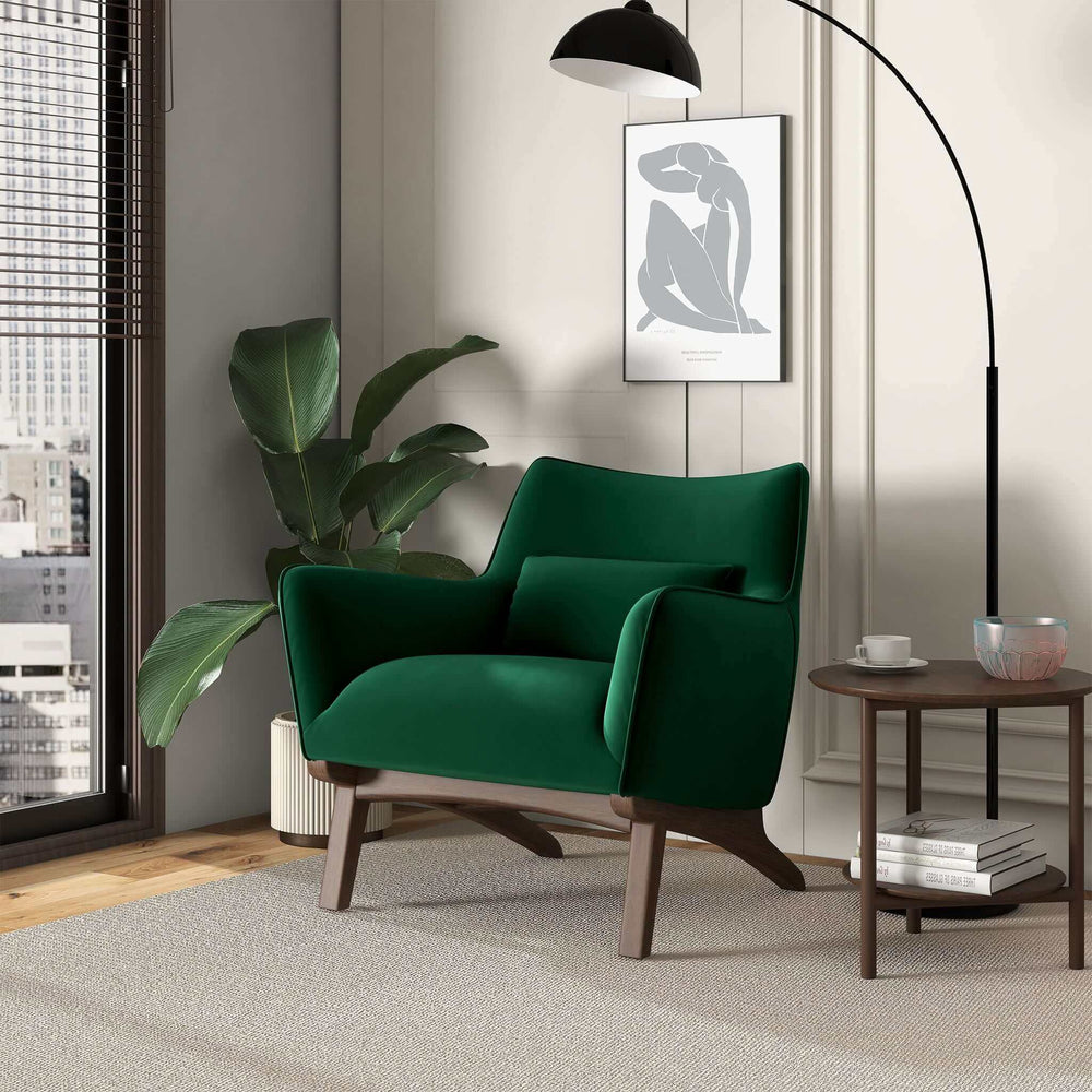 Brayden Mid Century Modern Dark Green Velvet Armchair Left Angle