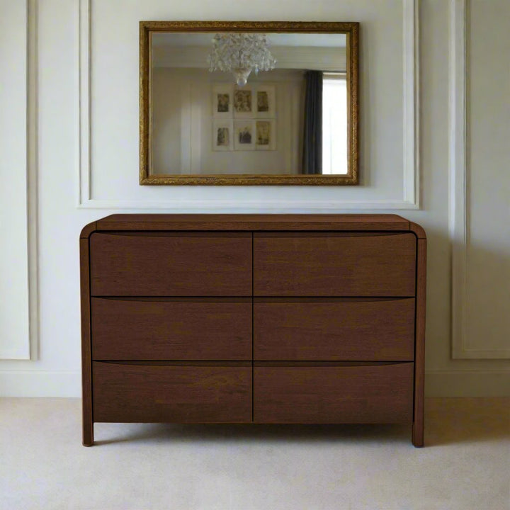 Lionel Mid Century Modern Solid Wood 6-Drawer Dresser Front.