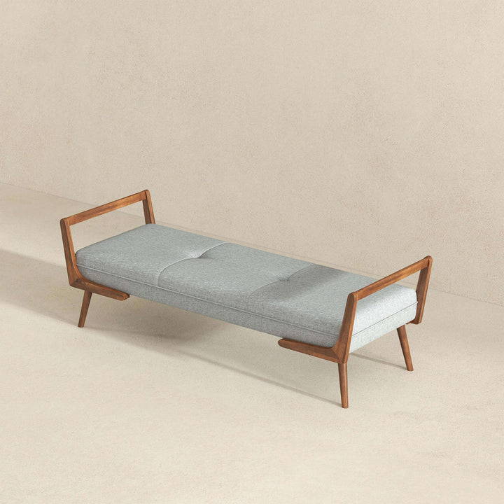 Cora Mid Century Modern Grey Fabric Bench Side Angle View