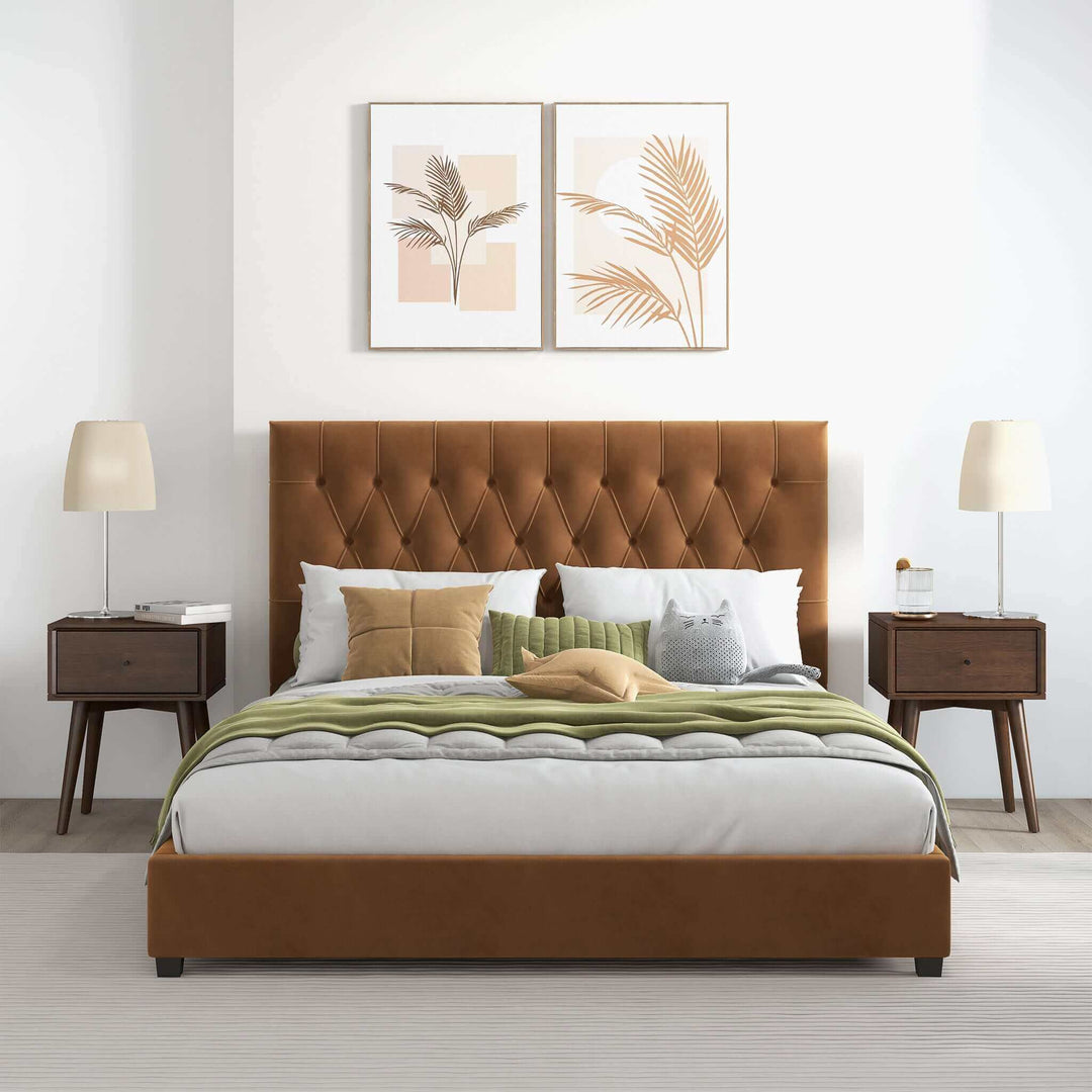 Donald Mid Century Modern Cognac Velvet Platform Bed Queen Front.