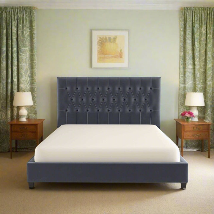 Donald Mid Century Modern Grey Velvet Platform Bed Queen Front Photo Picture.