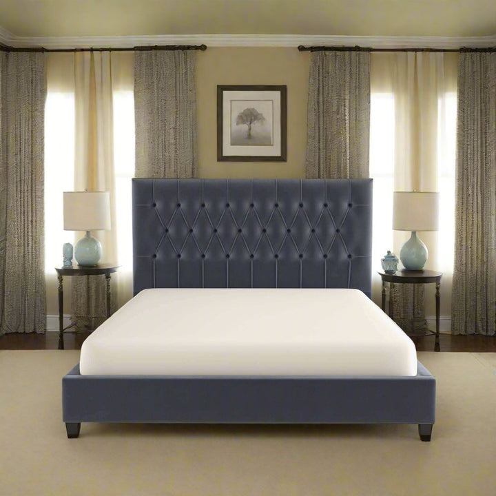 Donald Mid Century Modern Grey Velvet Platform Bed King Head on View.