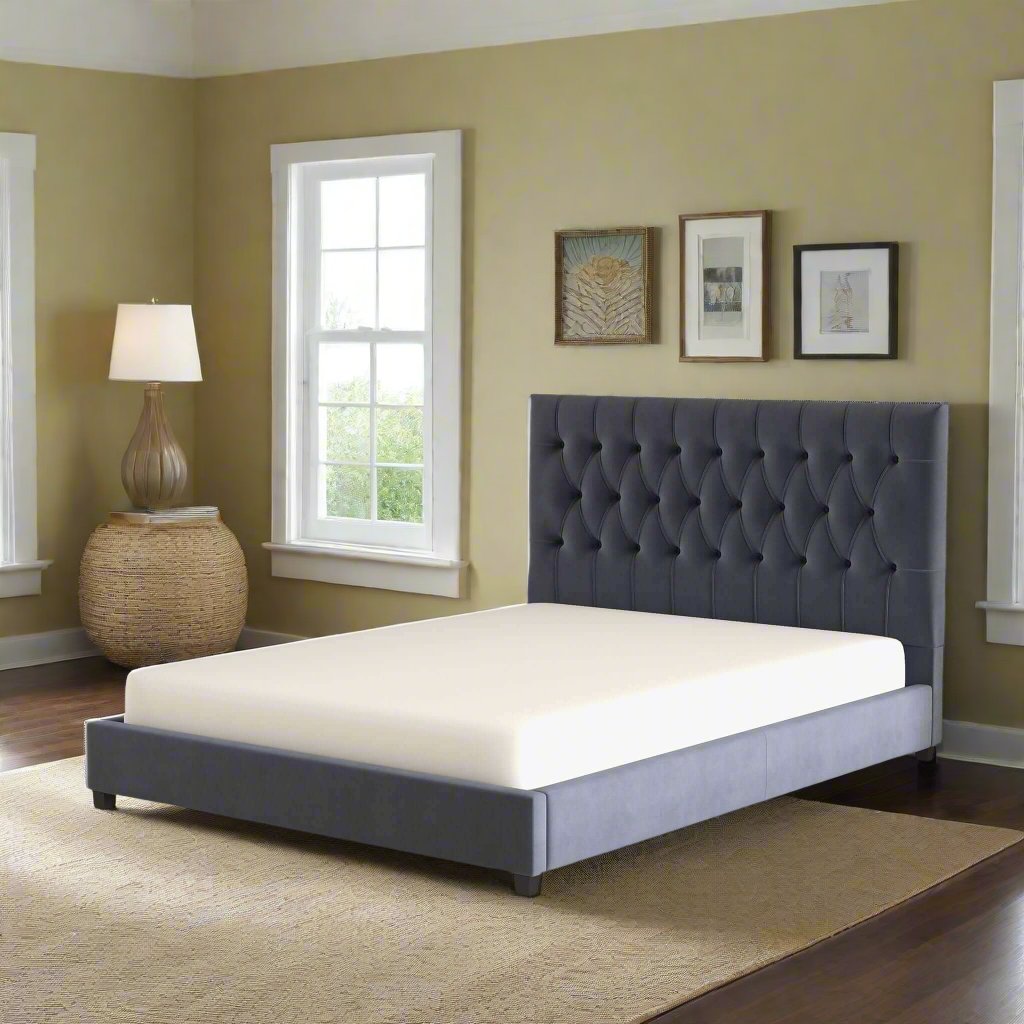 Donald Mid Century Modern Grey Velvet Platform Bed Queen Left Angle View Photo.