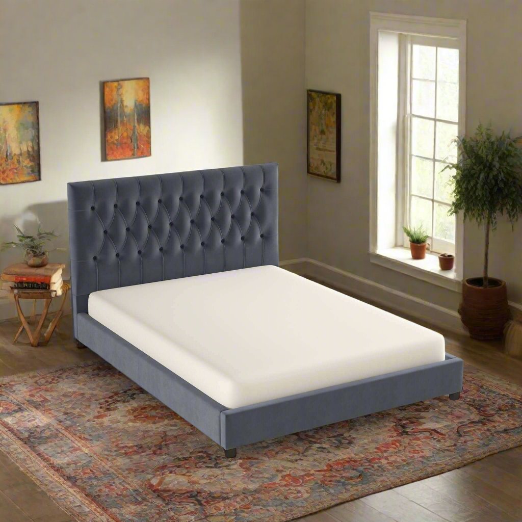 Donald Mid Century Modern Grey Velvet Platform Bed Queen Right Angle Photo.