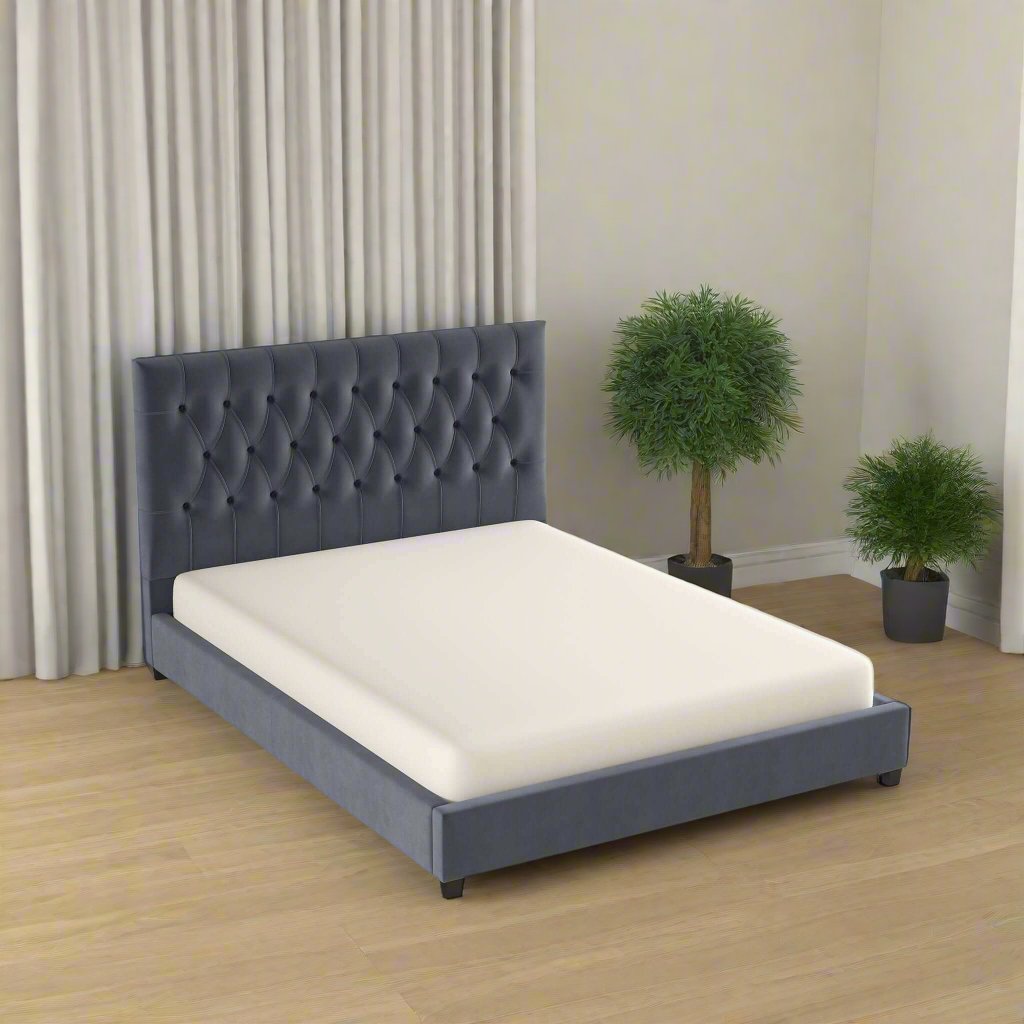 Donald Mid Century Modern Grey Velvet Platform Bed King Right Angle Photo.