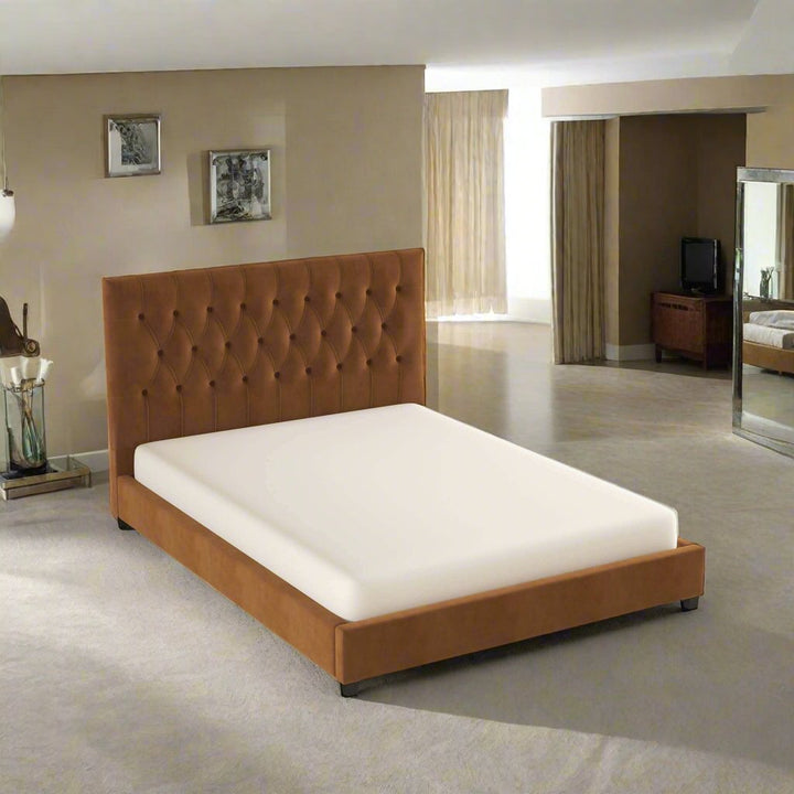 Donald Mid Century Modern Cognac Velvet Platform Bed King Left Angle Photo.