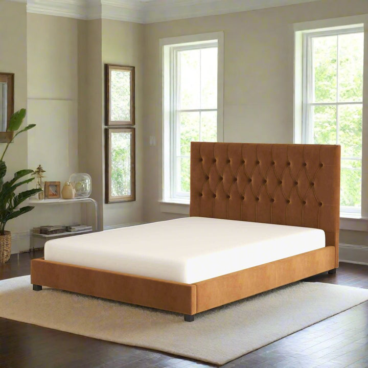 Donald Mid Century Modern Cognac Velvet Platform Bed Queen Left Angle Photo.