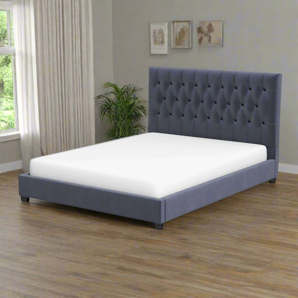 Donald Mid Century Modern Grey Velvet Platform Bed King Left Angle