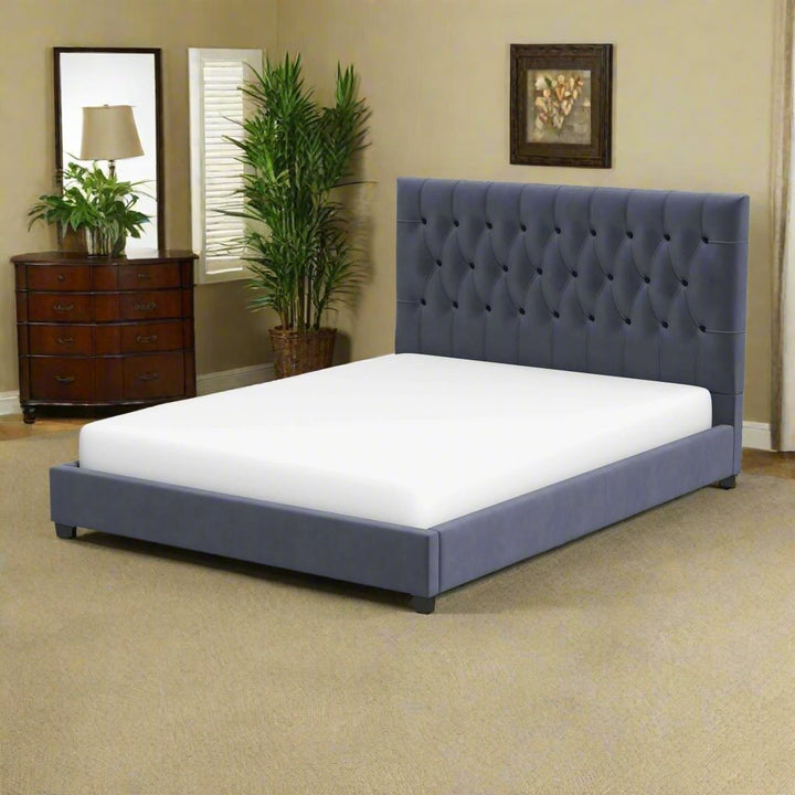 Donald Mid Century Modern Grey Velvet Platform Bed Queen Left Angle.