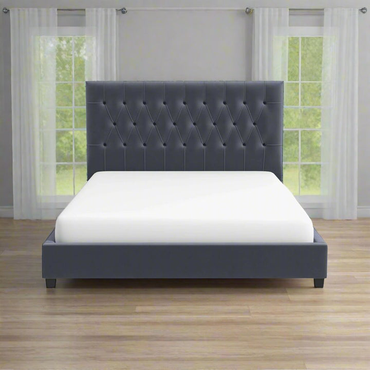 Donald Mid Century Modern Grey Velvet Platform Bed King Front View.