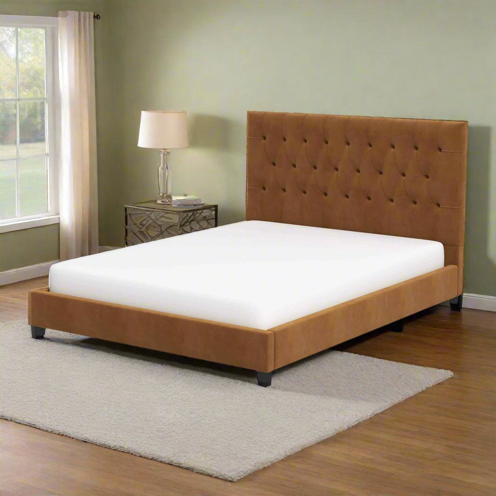 Donald Mid Century Modern Cognac Velvet Platform Bed Queen Left Angle View.