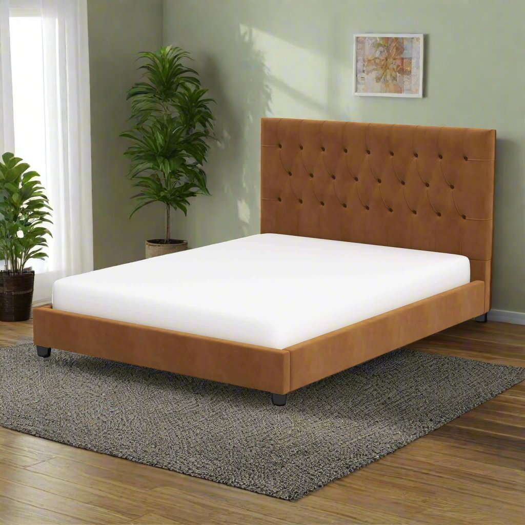 Donald Mid Century Modern Cognac Velvet Platform Bed King Left Angle.