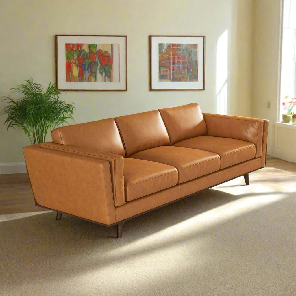 Chase Mid Century Modern Tan Genuine Leather Sofa Right Angle View