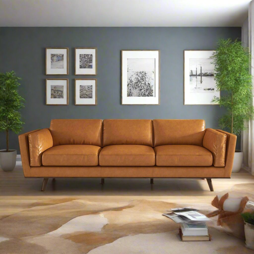 Chase Mid Century Modern Tan Genuine Leather Sofa Front View Photo